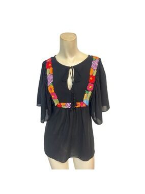 Trina Turk Black Embroidered Peasant Blouse Petite PXS